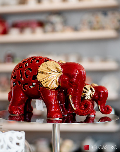 Scultura arredamento grande Elefante gres traforato colore rosso Hervit